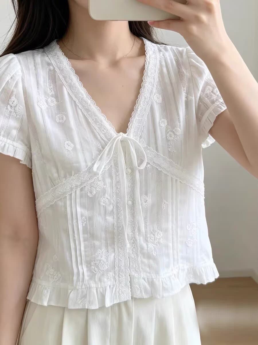 새로운 소매 정품 한 부서 여름 섹션 달콤함 자수 작은 꽃 패치워크 다용도 루즈핏 셔츠 여성 셔츠 상세 이미지 4