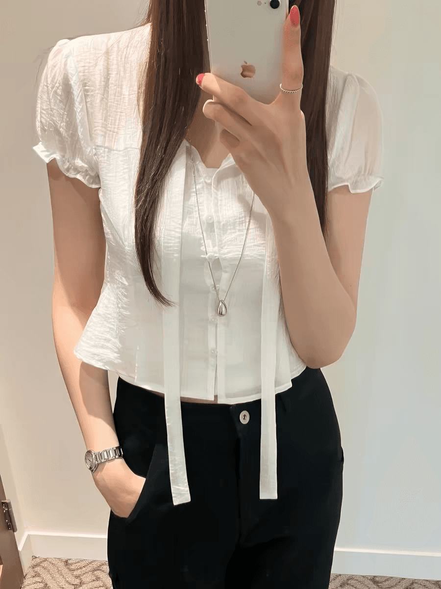 chic 한 부서 여름 프랑스식 달콤함 연령 감소 부드러운 프릴 주름 장식 허리 수축 반팔 쉬폰 셔츠 맨위 이미지 4