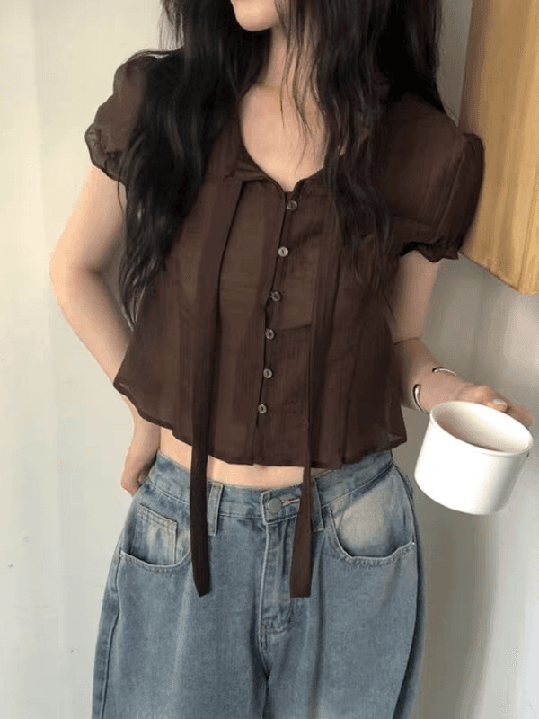 chic 한 부서 여름 프랑스식 달콤함 연령 감소 부드러운 프릴 주름 장식 허리 수축 반팔 쉬폰 셔츠 맨위 이미지 2