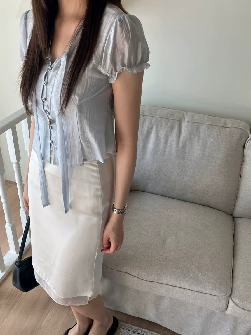 chic 한 부서 여름 프랑스식 달콤함 연령 감소 부드러운 프릴 주름 장식 허리 수축 반팔 쉬폰 셔츠 맨위 상세 이미지 2