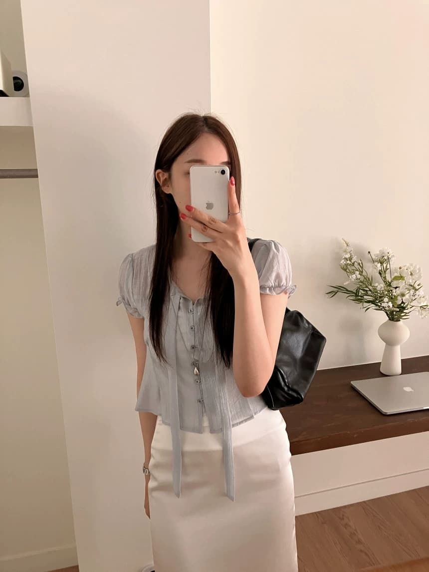 chic 한 부서 여름 프랑스식 달콤함 연령 감소 부드러운 프릴 주름 장식 허리 수축 반팔 쉬폰 셔츠 맨위 상세 이미지 7