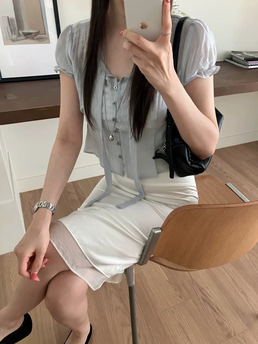 chic 한 부서 여름 프랑스식 달콤함 연령 감소 부드러운 프릴 주름 장식 허리 수축 반팔 쉬폰 셔츠 맨위 상세 이미지 8