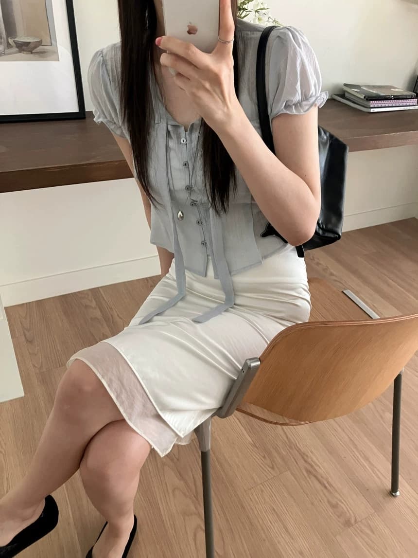 chic 한 부서 여름 프랑스식 달콤함 연령 감소 부드러운 프릴 주름 장식 허리 수축 반팔 쉬폰 셔츠 맨위 상세 이미지 10