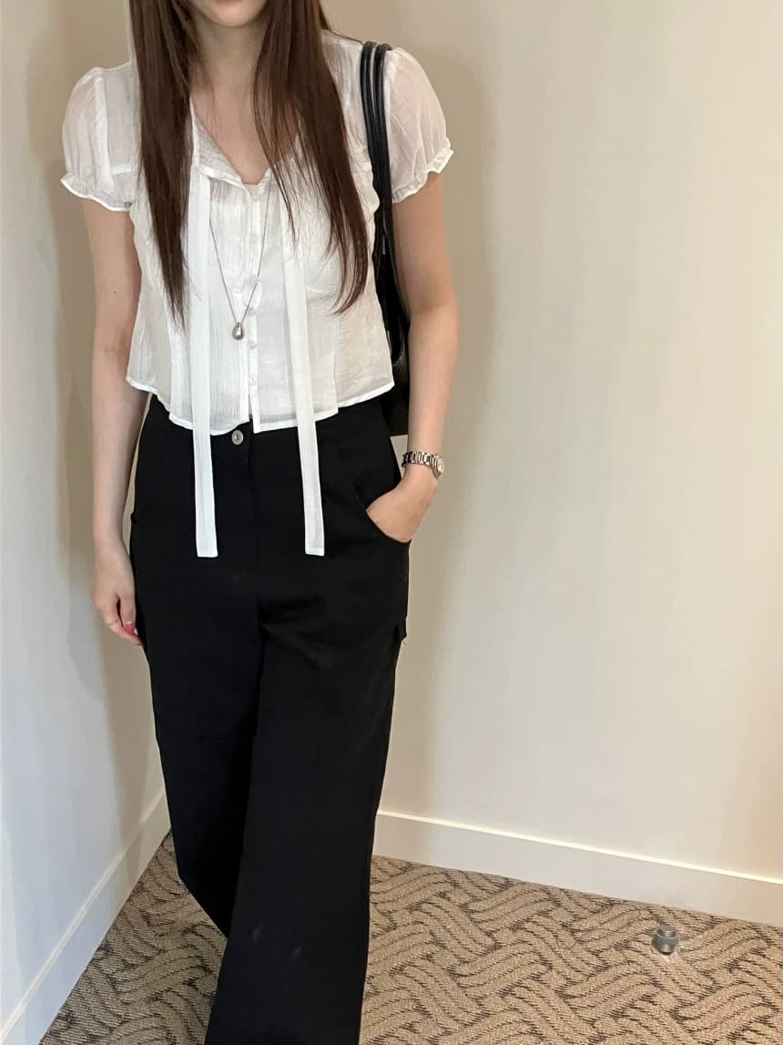 chic 한 부서 여름 프랑스식 달콤함 연령 감소 부드러운 프릴 주름 장식 허리 수축 반팔 쉬폰 셔츠 맨위 상세 이미지 16