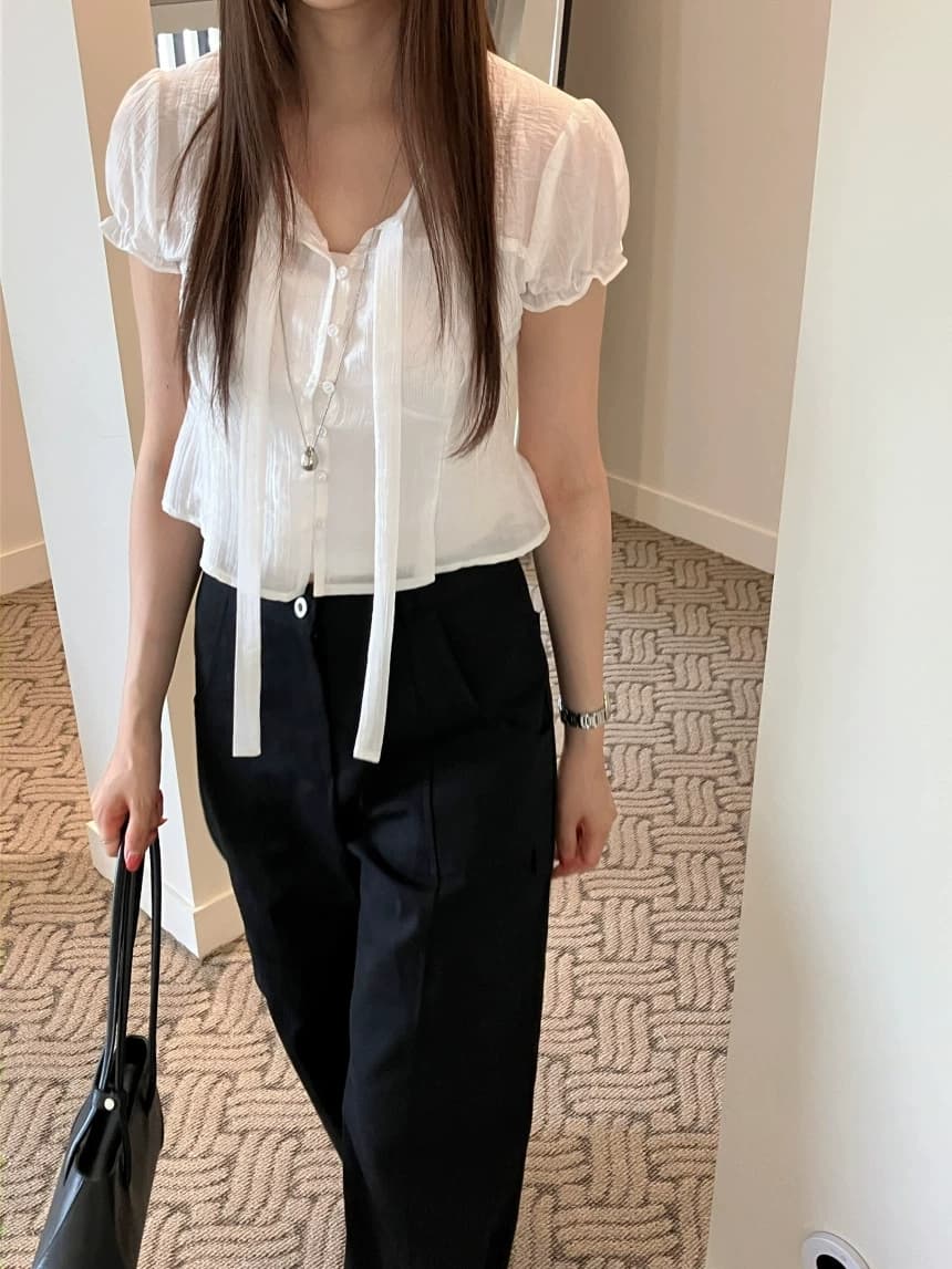 chic 한 부서 여름 프랑스식 달콤함 연령 감소 부드러운 프릴 주름 장식 허리 수축 반팔 쉬폰 셔츠 맨위 상세 이미지 18