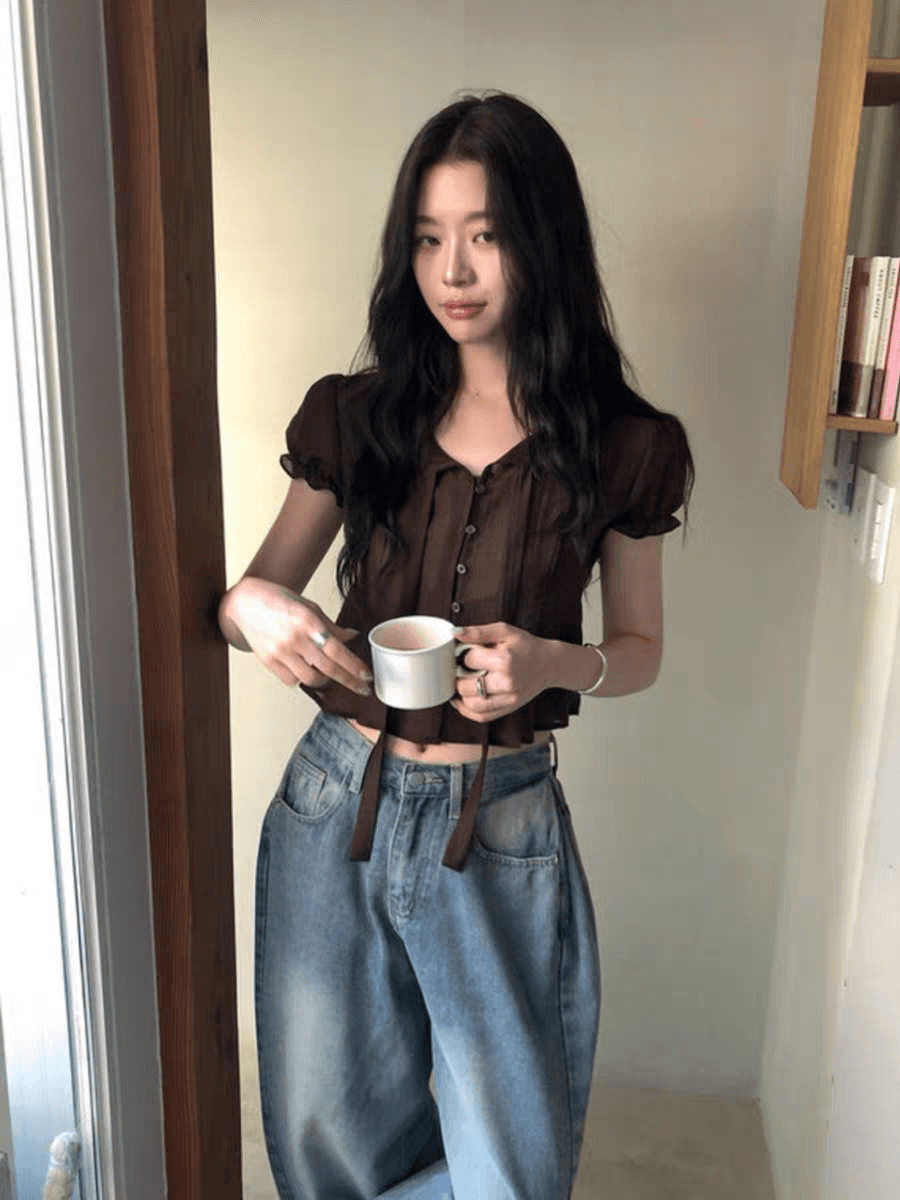 chic 한 부서 여름 프랑스식 달콤함 연령 감소 부드러운 프릴 주름 장식 허리 수축 반팔 쉬폰 셔츠 맨위 상세 이미지 24