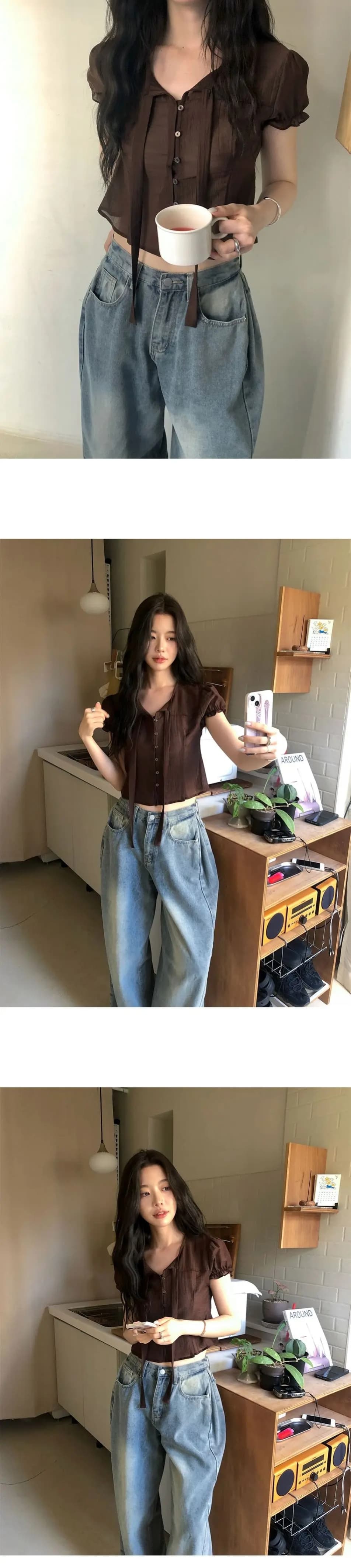 chic 한 부서 여름 프랑스식 달콤함 연령 감소 부드러운 프릴 주름 장식 허리 수축 반팔 쉬폰 셔츠 맨위 상세 이미지 28