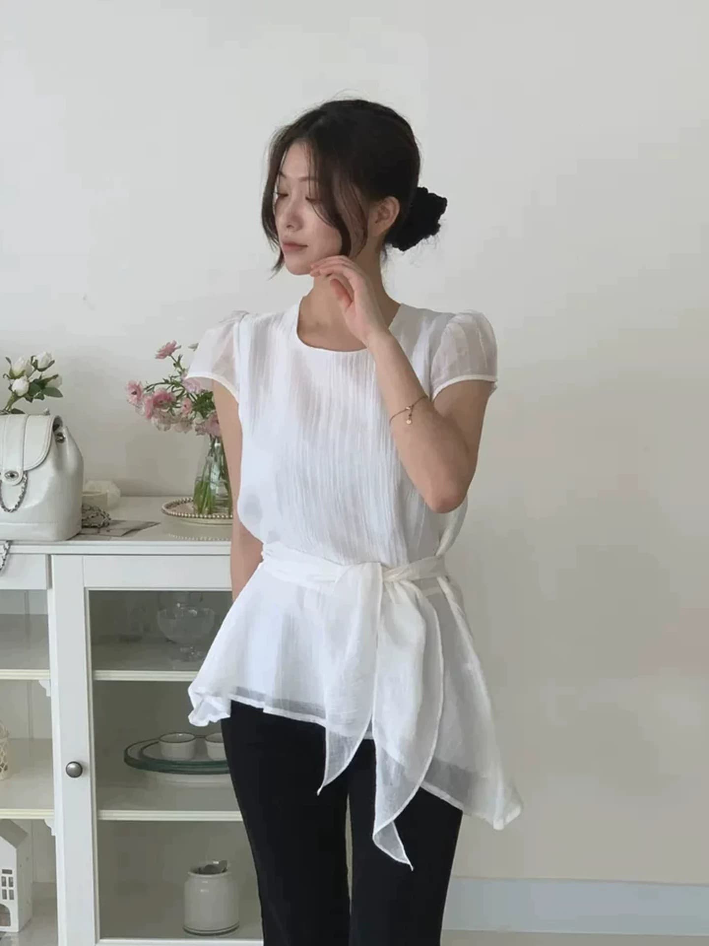 있음 선적 2026 chic 한국 스타일 불규칙 라운드 넥 셔츠 이미지 3