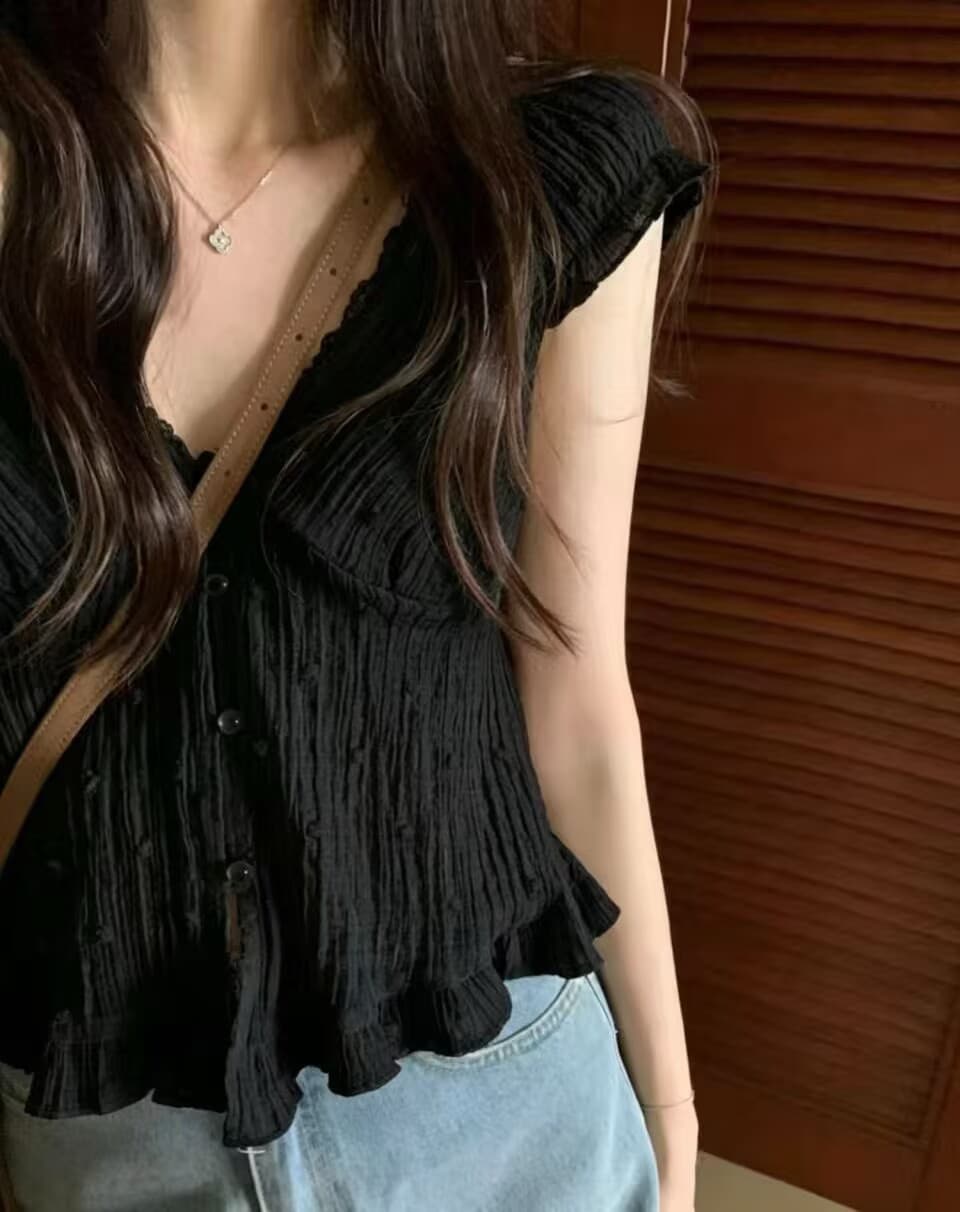 있음 선적 한국 동대문 레이스 측면 V넥 부서 버클 요정 요정 주름 자수 조금 몸매 가꾸기 반팔 셔츠 상세 이미지 23