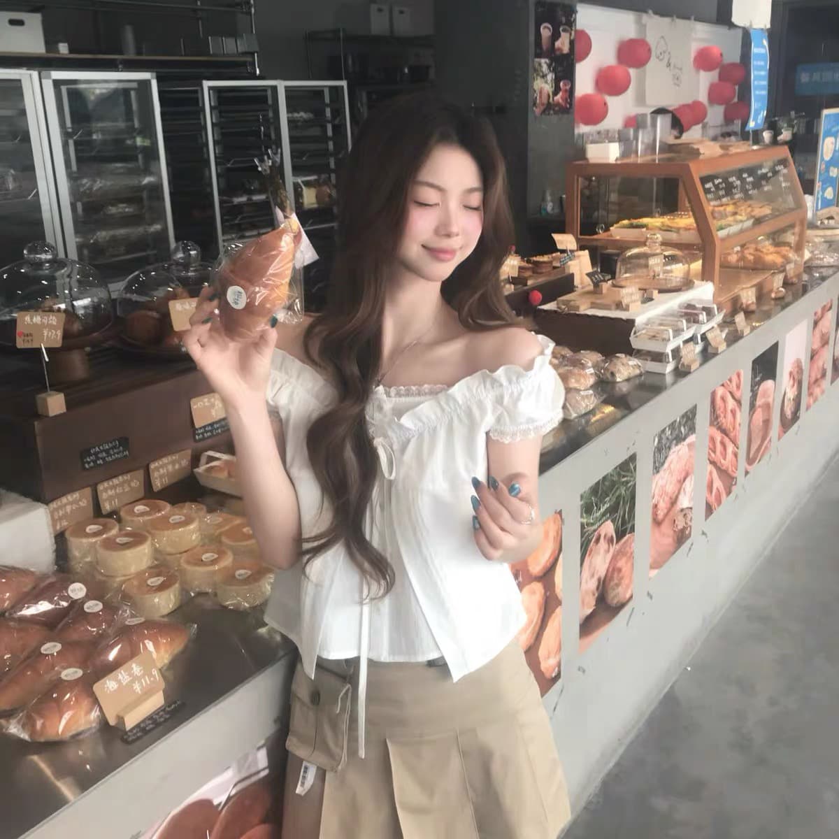 있음 선적 여름 섹션 달콤함 품격 레이스업 외국 가스 여성 셔츠 상세 이미지 3