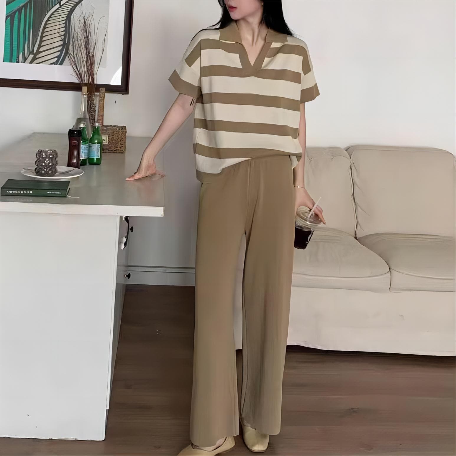 한국 ins 슈퍼 화재 다용도 미니멀리즘 POLO 칼라 스트라이프 맨위 스트레이트 와이드 레그 팬츠 여름 투피스 슈트 상세 이미지 3