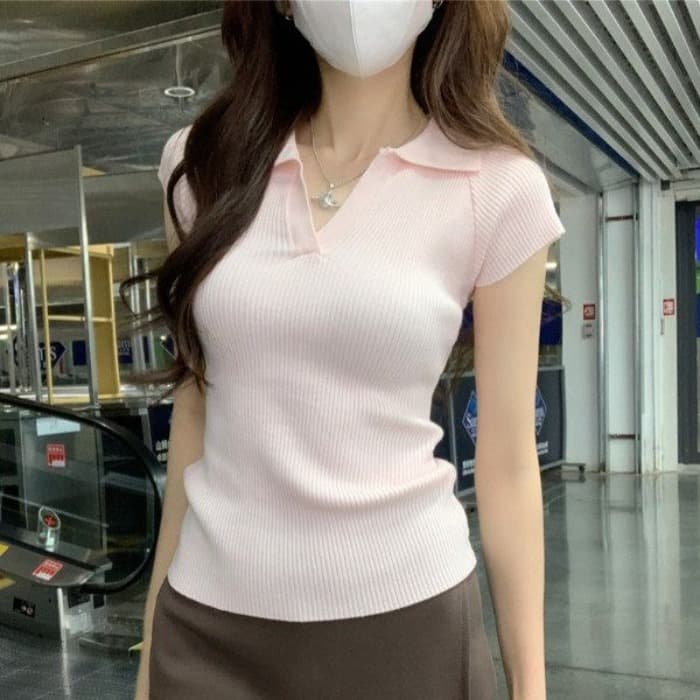 POLO 칼라 작은 날다 소매 반팔 티셔츠 여성 여름 작은 키 몸매 가꾸기 하이웨이스트 쇼트 스타일 V넥 켜기 이미지 4