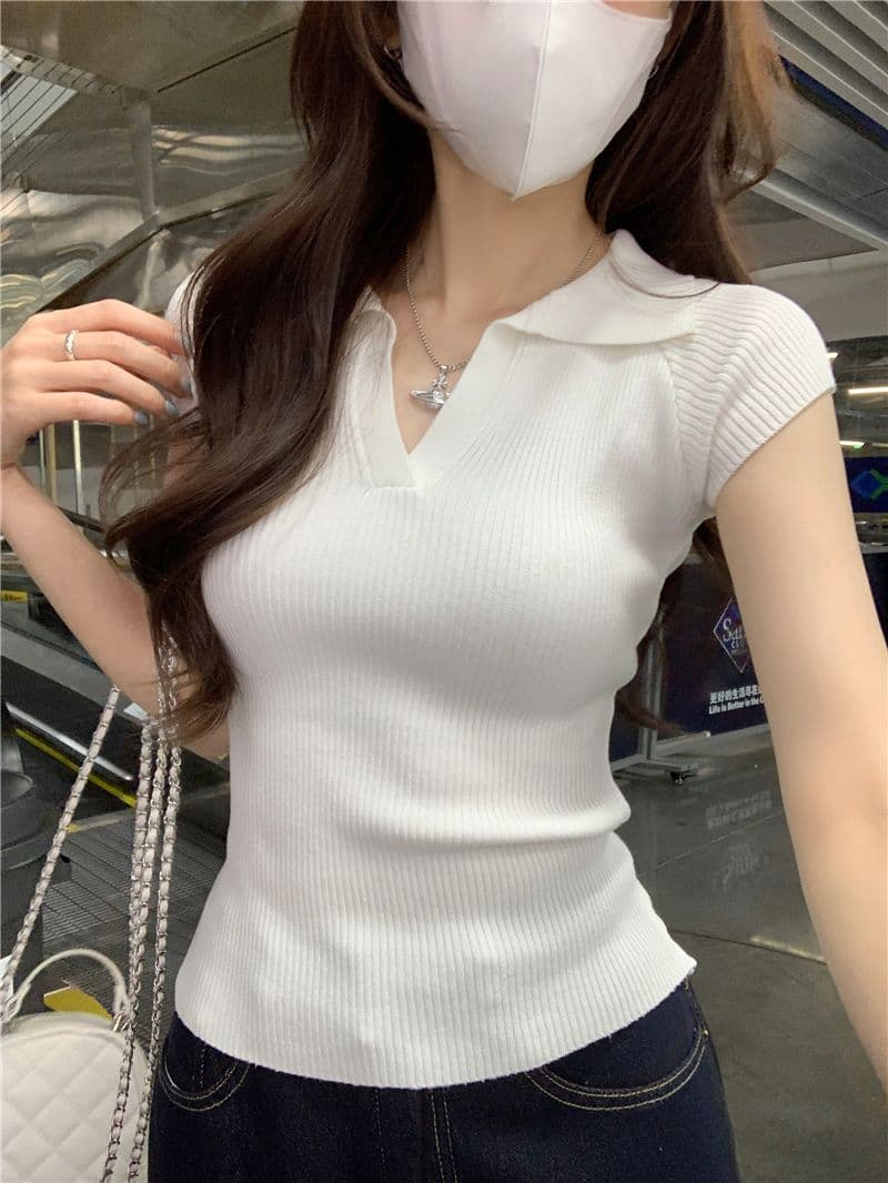 POLO 칼라 작은 날다 소매 반팔 티셔츠 여성 여름 작은 키 몸매 가꾸기 하이웨이스트 쇼트 스타일 V넥 켜기 이미지 3