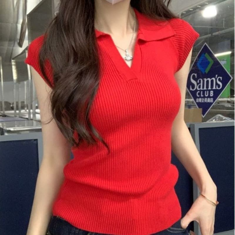 POLO 칼라 작은 날다 소매 반팔 티셔츠 여성 여름 작은 키 몸매 가꾸기 하이웨이스트 쇼트 스타일 V넥 켜기 이미지 5