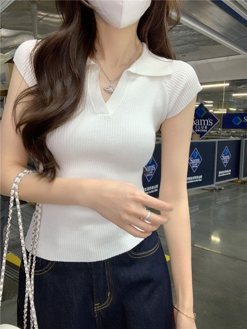 POLO 칼라 작은 날다 소매 반팔 티셔츠 여성 여름 작은 키 몸매 가꾸기 하이웨이스트 쇼트 스타일 V넥 켜기 상세 이미지 8
