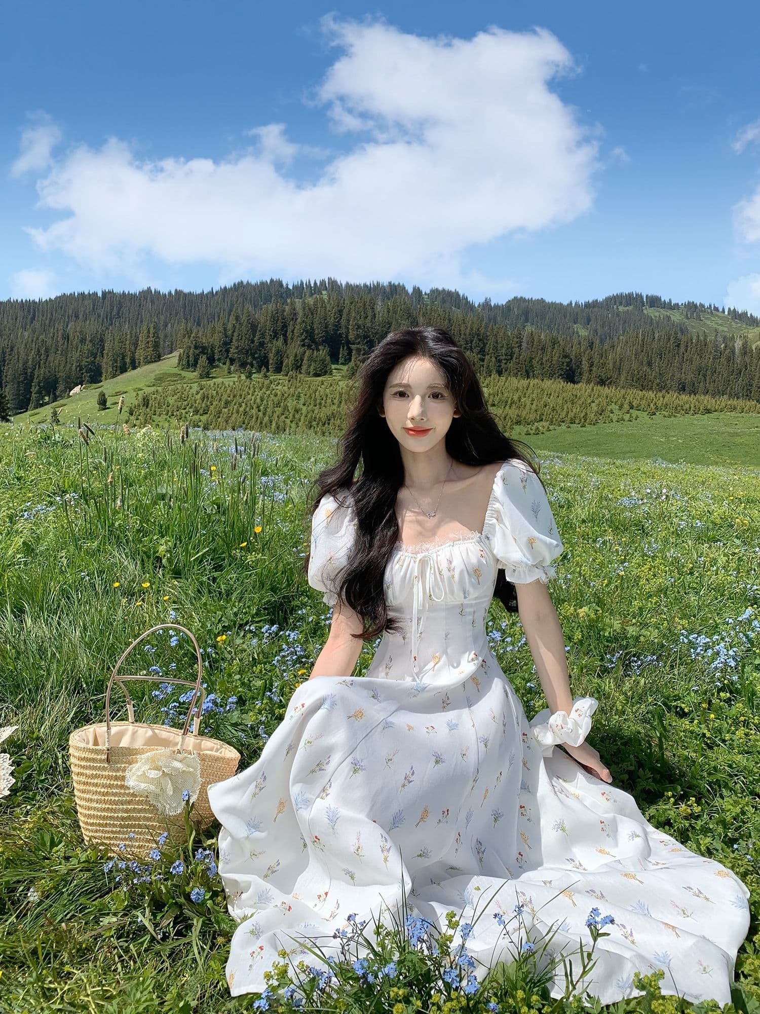 하나 달콤한 복숭아 yikett 동백 나무 와일드 여름 반팔 꽃무늬 여성 드레스 허리 수축 휴가 바람 롱 스커트 이미지 4