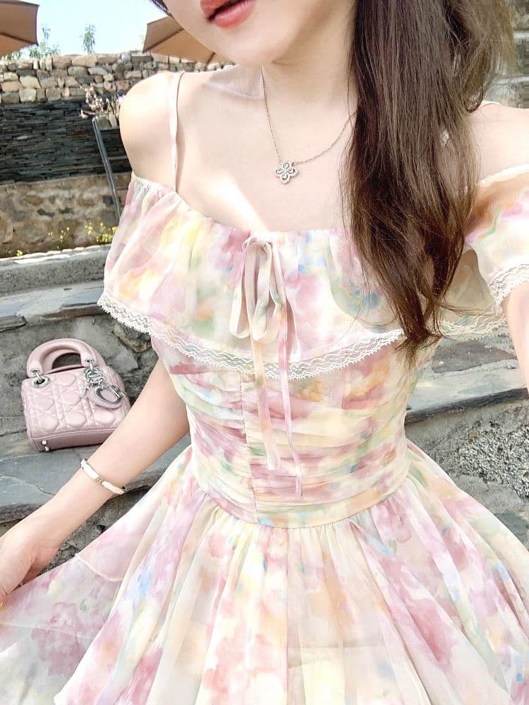 q 여자 집 프라하 그것 여름 아름다운 우아한 해변가 휴가 꽃무늬 큰 진자 드레스 여름 오프숄더 롱 스커트 상세 이미지 13