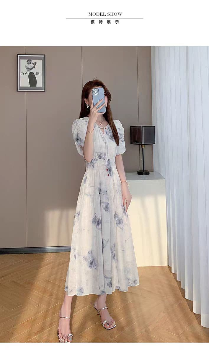 잉크 페인팅 여성 드레스 2026 새로운 여름 고급 센스 프랑스식 허리 수축 슬림해 보이는 품격 V넥 쉬폰 치마 상세 이미지 6