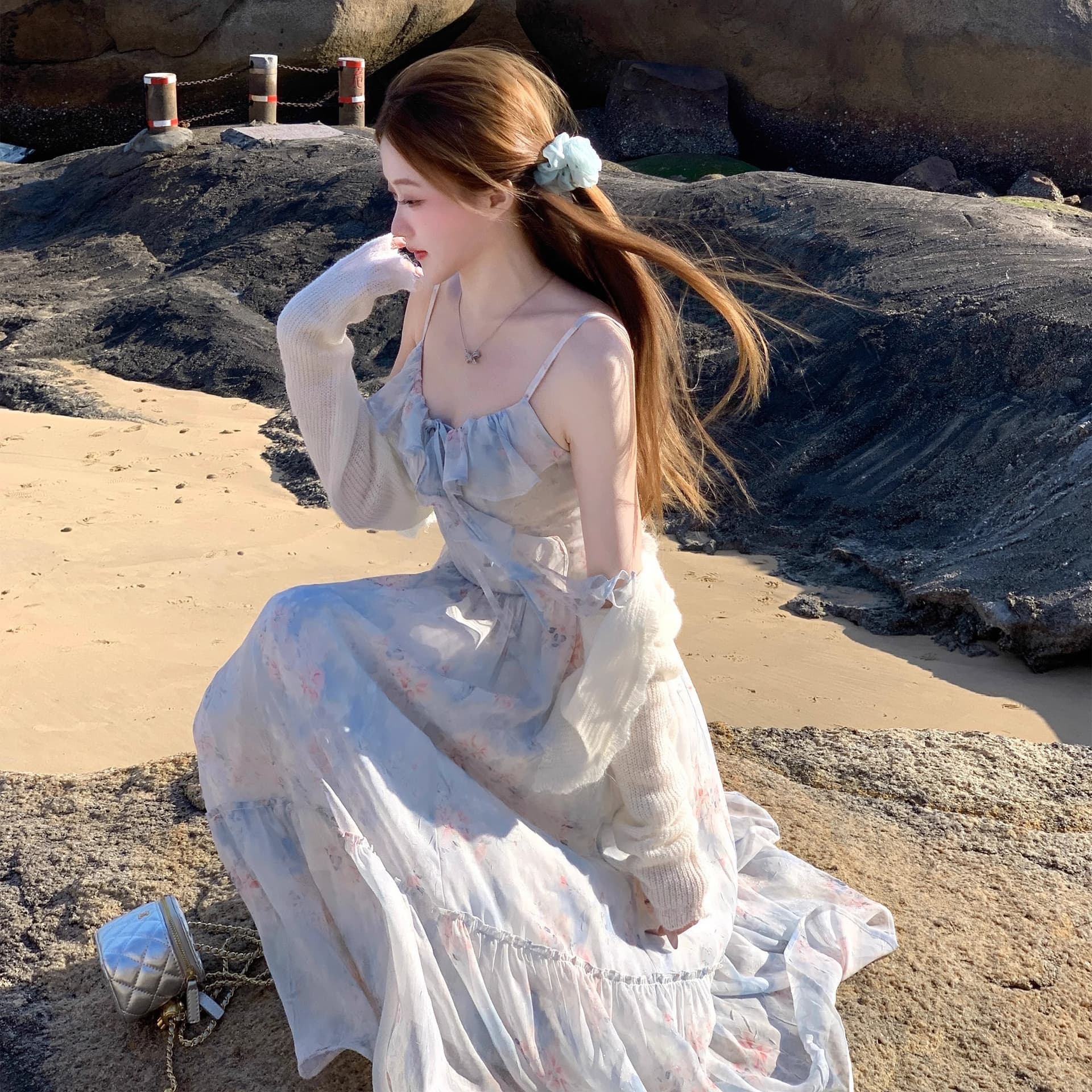 파란색 꽃무늬 슬립 드레스 열린 봄 해변가 휴가 바람 프랑스식 프릴 요정 롱 스커트 여름 치마 이미지 5