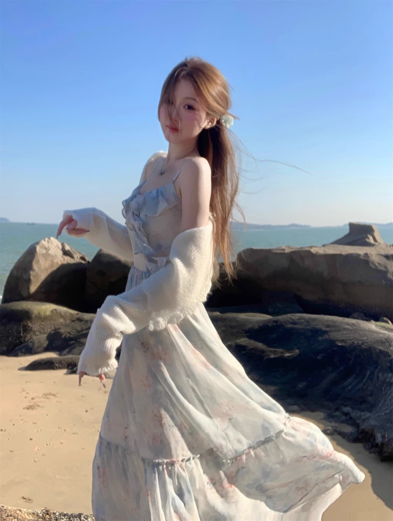 파란색 꽃무늬 슬립 드레스 열린 봄 해변가 휴가 바람 프랑스식 프릴 요정 롱 스커트 여름 치마 상세 이미지 7