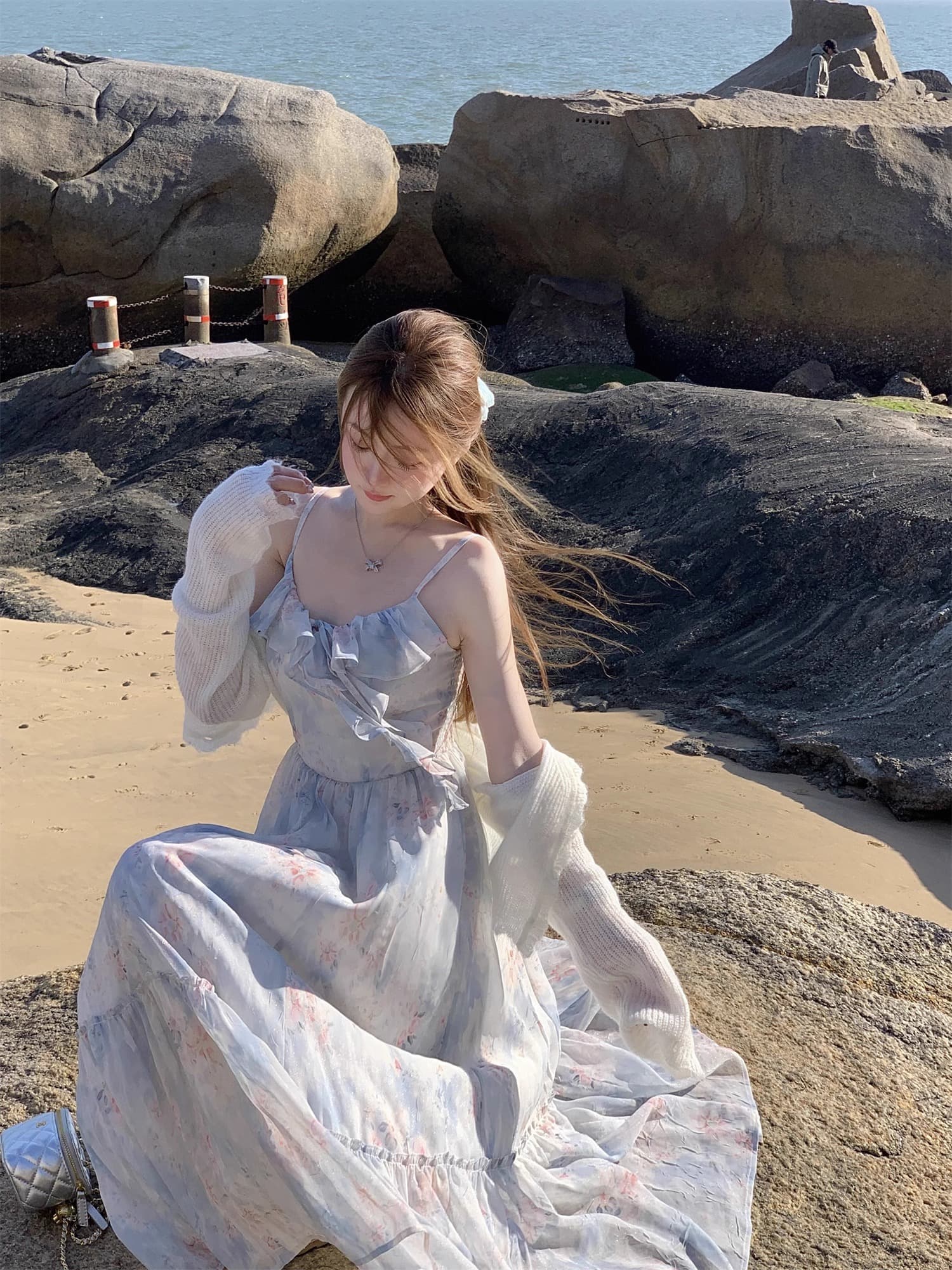 파란색 꽃무늬 슬립 드레스 열린 봄 해변가 휴가 바람 프랑스식 프릴 요정 롱 스커트 여름 치마 상세 이미지 17