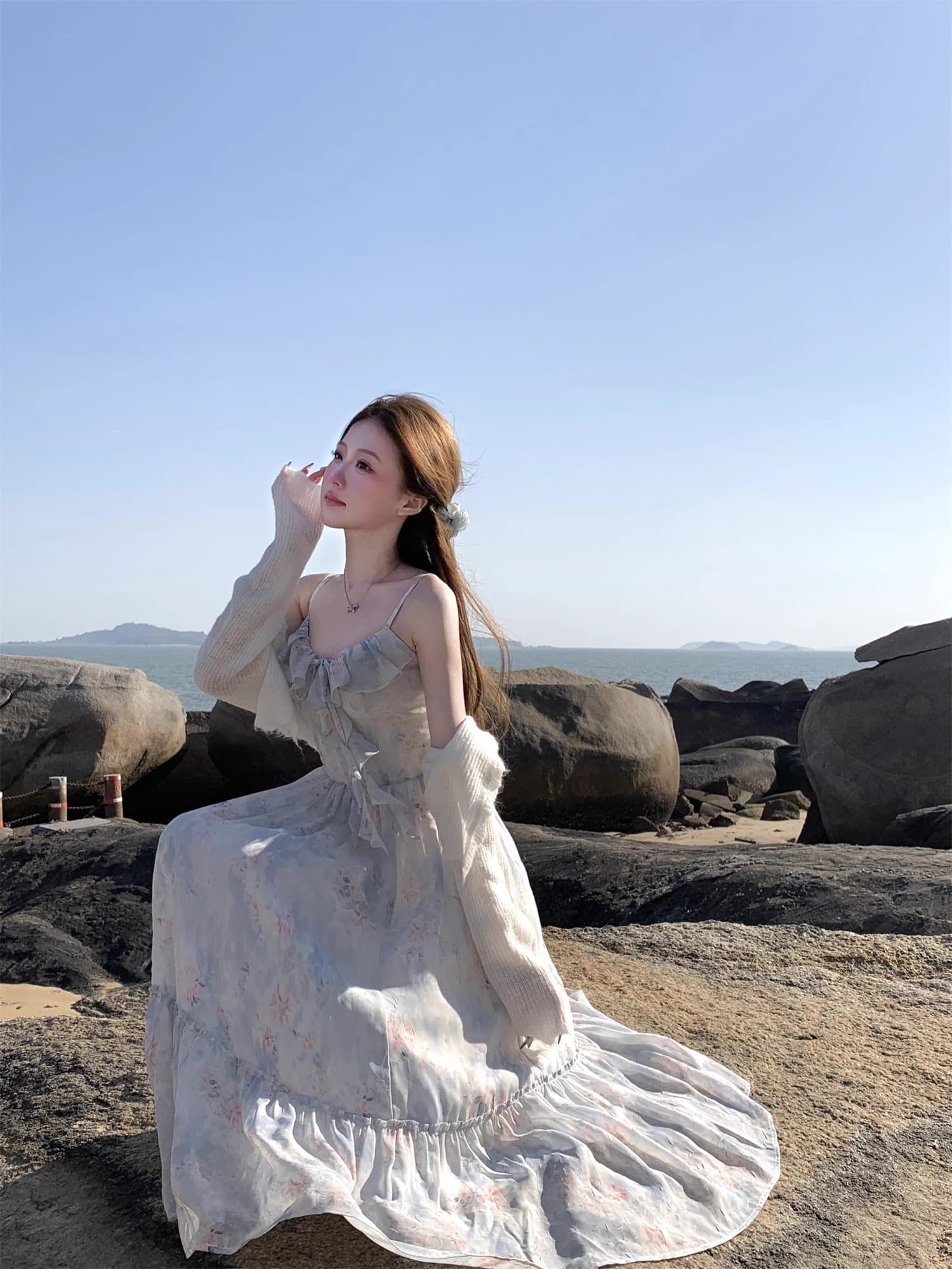 파란색 꽃무늬 슬립 드레스 열린 봄 해변가 휴가 바람 프랑스식 프릴 요정 롱 스커트 여름 치마 상세 이미지 19