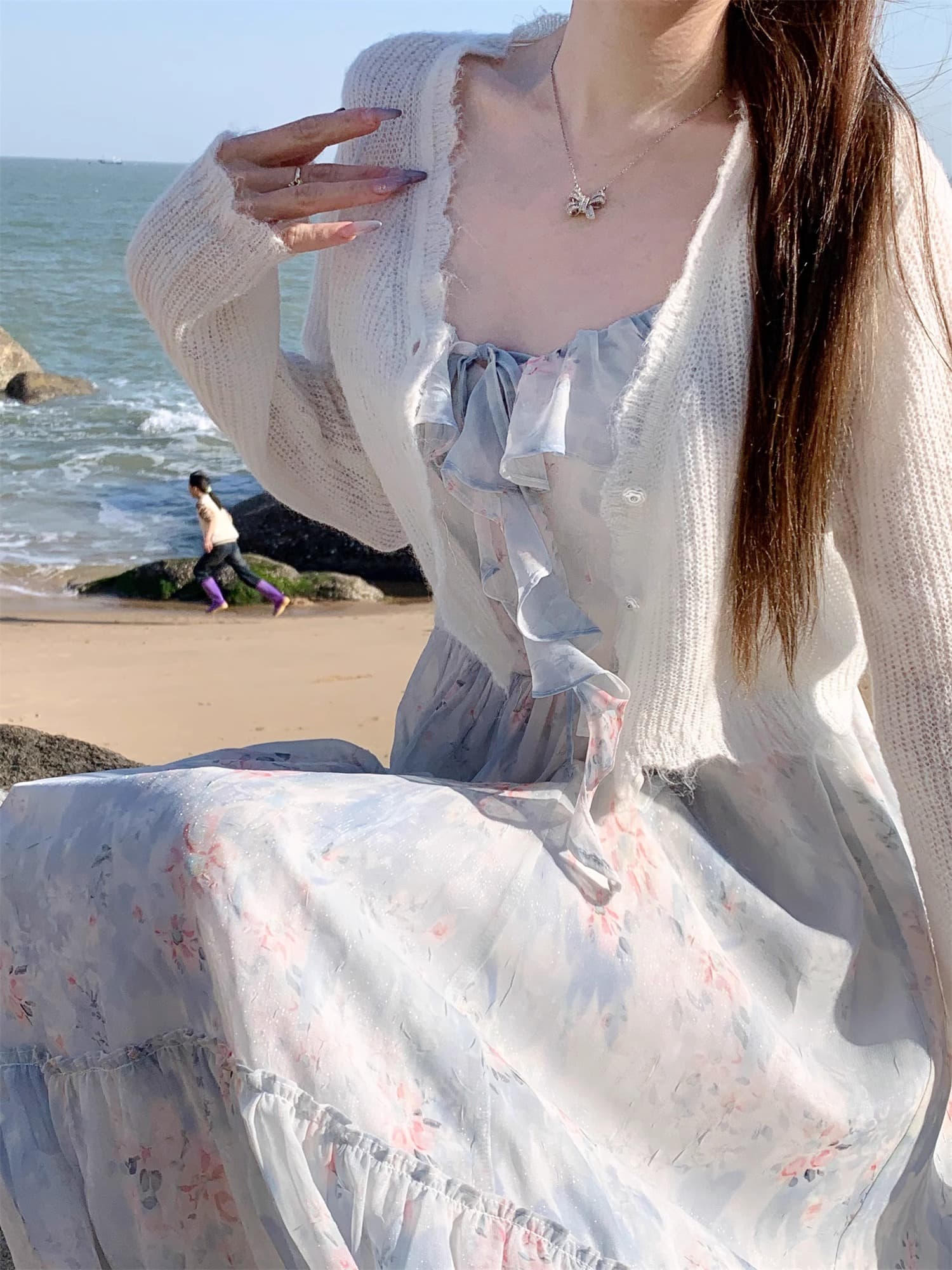 파란색 꽃무늬 슬립 드레스 열린 봄 해변가 휴가 바람 프랑스식 프릴 요정 롱 스커트 여름 치마 상세 이미지 24
