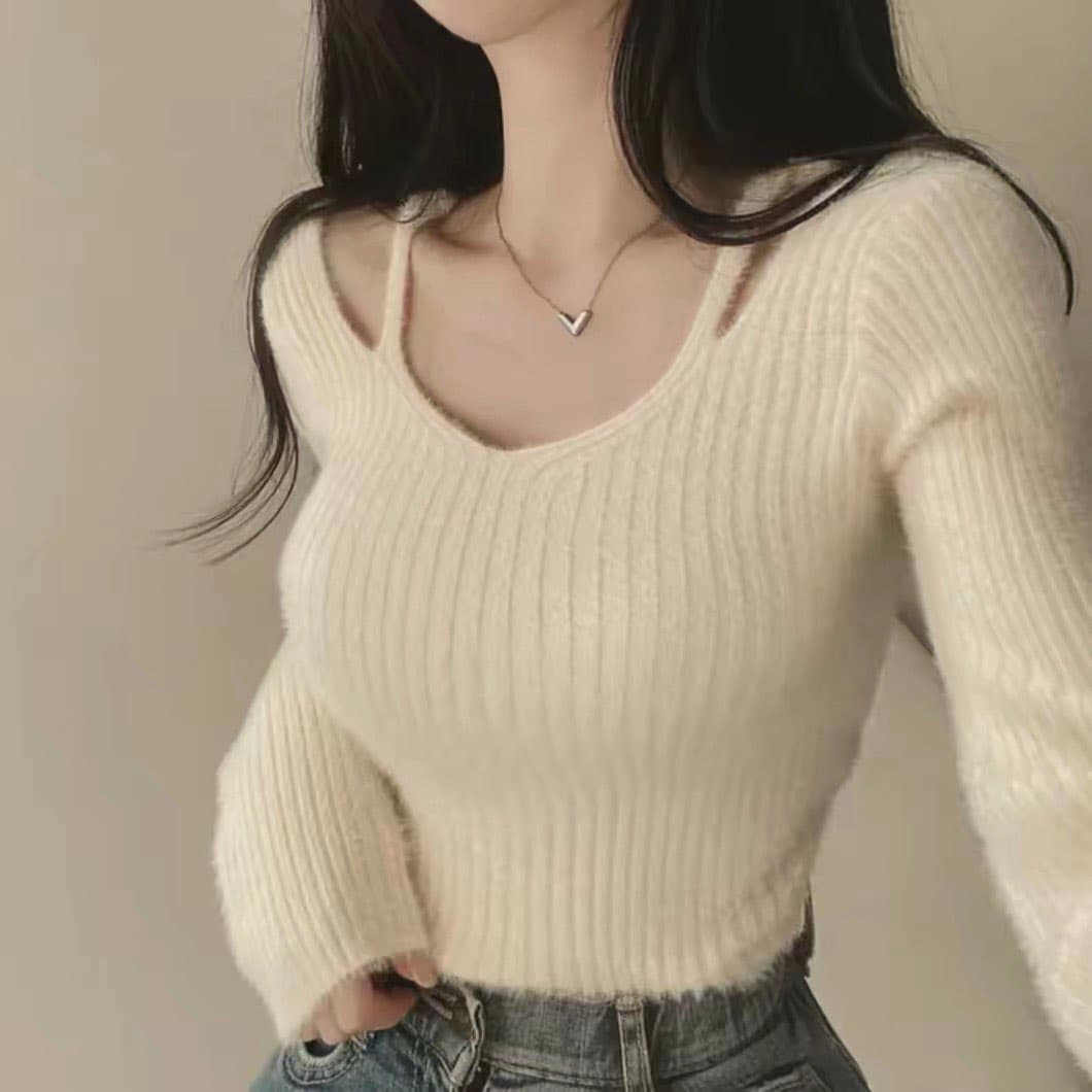 한국 ins 가을 겨울 모방 fall 털 V넥 오프숄더 스웨터 여자 외출용 요정 가스 몸매 가꾸기 슬림해 보이는 긴팔 니트 스웨터 맨위 상세 이미지 7