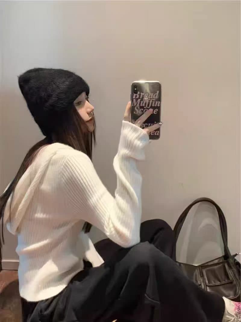 모방 너구리 플러시 후드 스웨터 여자 가을 인사이드 가져 가라. 기본 셔츠 몸매 가꾸기 긍정적 인 어깨 니트 디자인 센스 작은 대중 맨위 상세 이미지 4