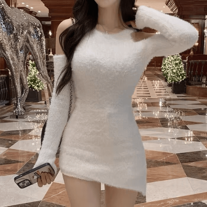 한국 한 부서 여성 라운드 넥 오프숄더 몸매 가꾸기 쇼트 스타일 니트 드레스