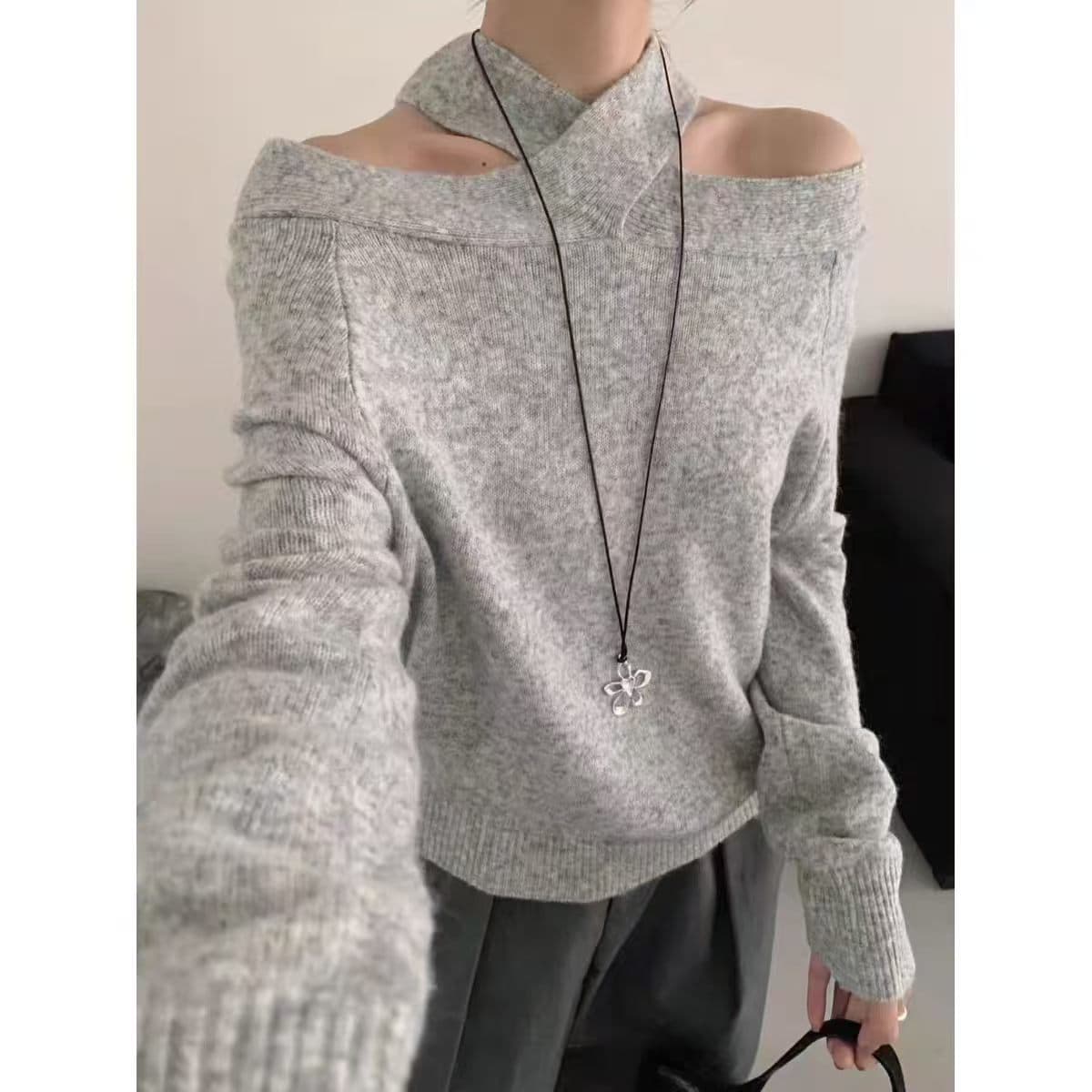 오프숄더 디자인 센스 레트로 행침 목 오프숄더 스웨터 여자 가을 겨울 새로운 루즈핏 니트 스웨터 맨위 이미지 5