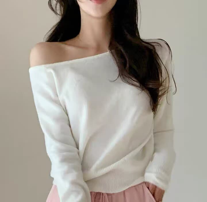 한국 26 레트로 다용도 숙녀 비스듬한 어깨 루즈핏 캐주얼 풀오버 니트 스웨터 상세 이미지 4