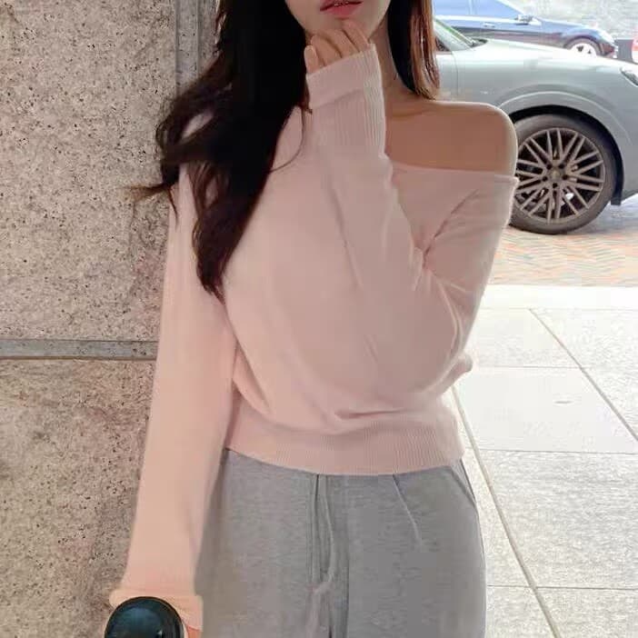 한국 26 레트로 다용도 숙녀 비스듬한 어깨 루즈핏 캐주얼 풀오버 니트 스웨터 상세 이미지 6