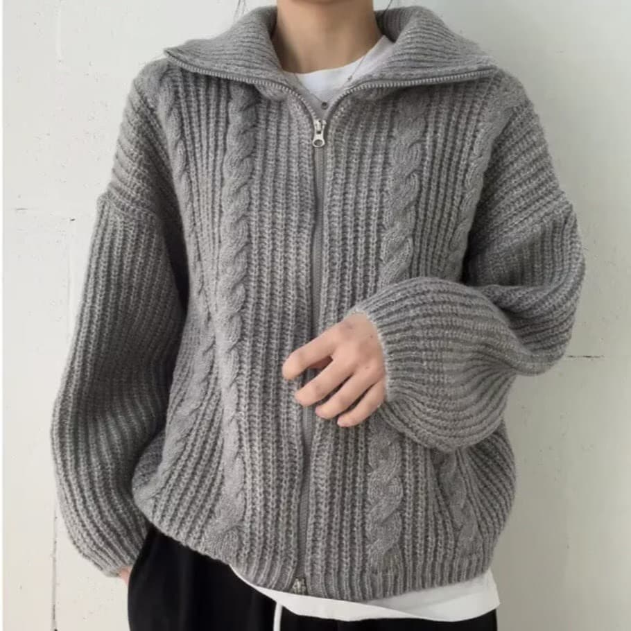 터틀넥 스웨터 느긋한 바람 한국 스타일 두꺼운 꽈배기 더블 머리 지퍼 긴팔 오픈 가디건 니트 재킷 이미지 4