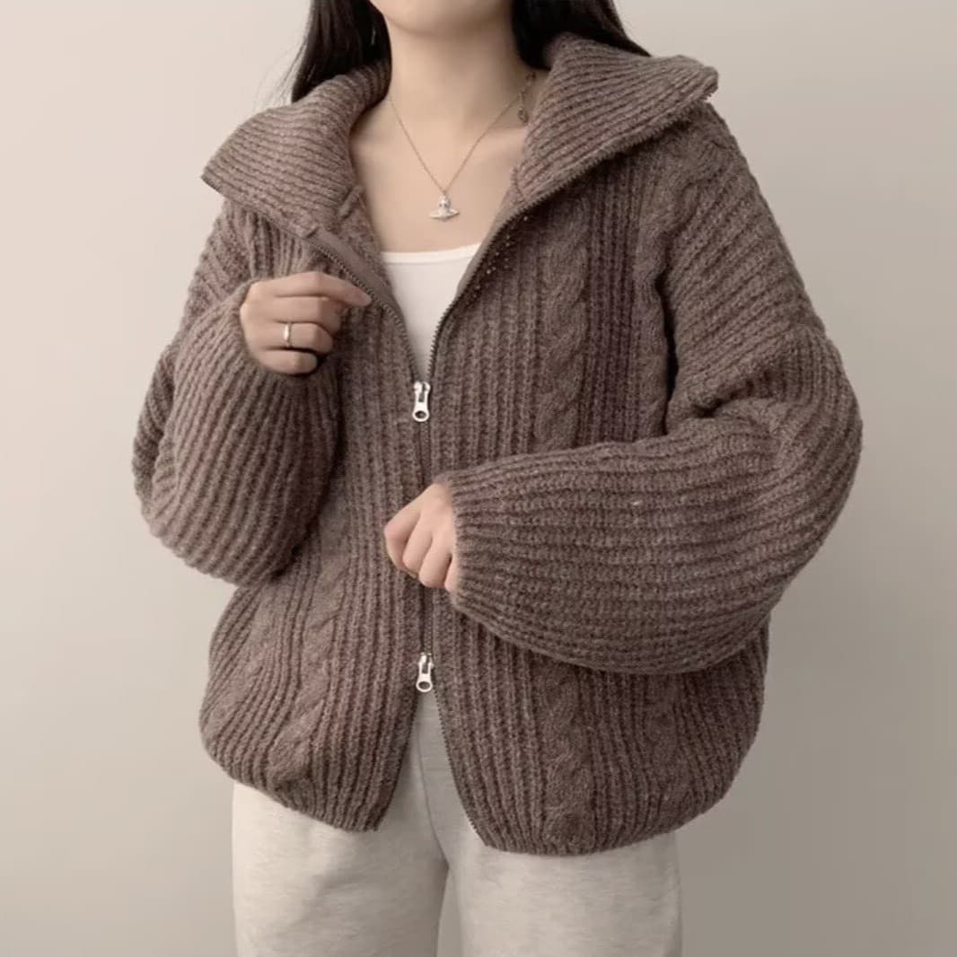 터틀넥 스웨터 느긋한 바람 한국 스타일 두꺼운 꽈배기 더블 머리 지퍼 긴팔 오픈 가디건 니트 재킷 상세 이미지 1
