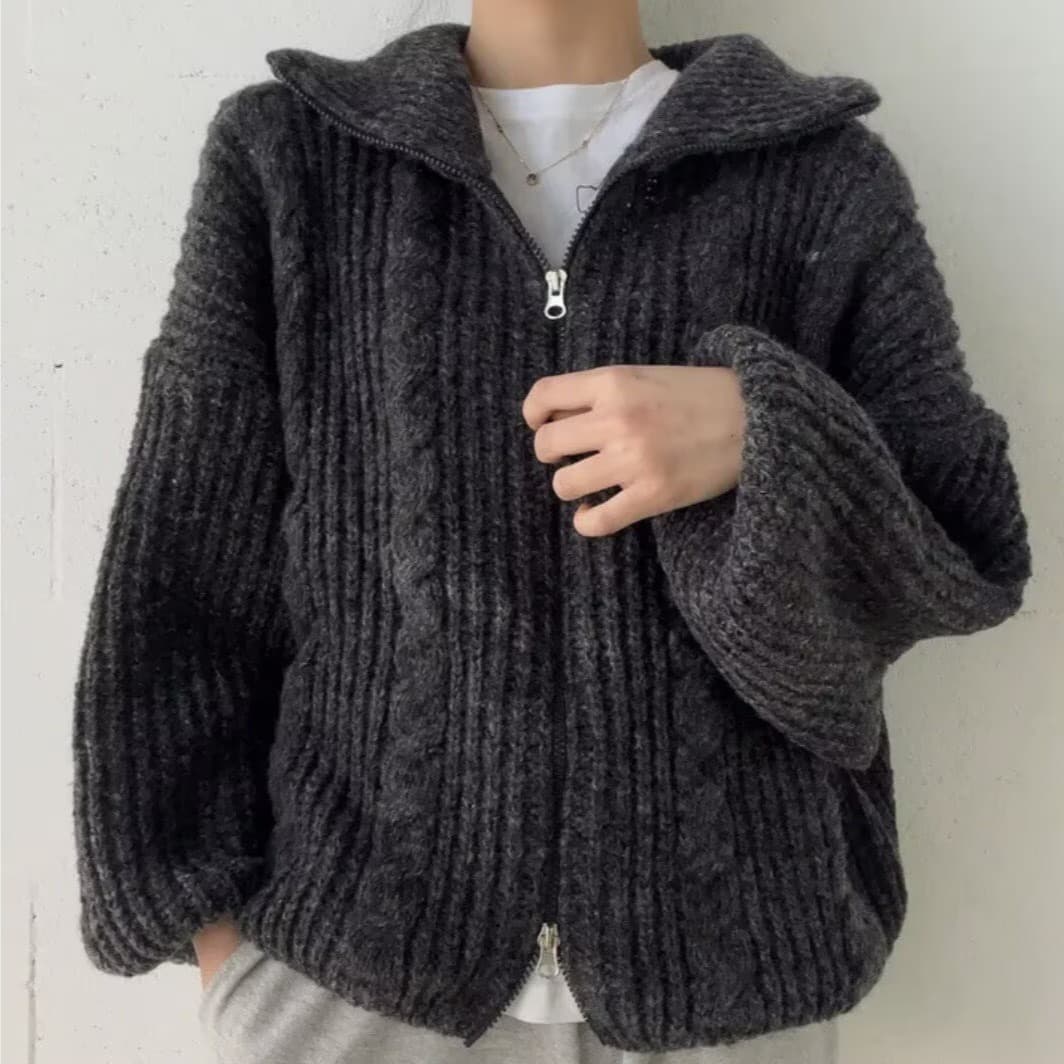 터틀넥 스웨터 느긋한 바람 한국 스타일 두꺼운 꽈배기 더블 머리 지퍼 긴팔 오픈 가디건 니트 재킷 상세 이미지 5