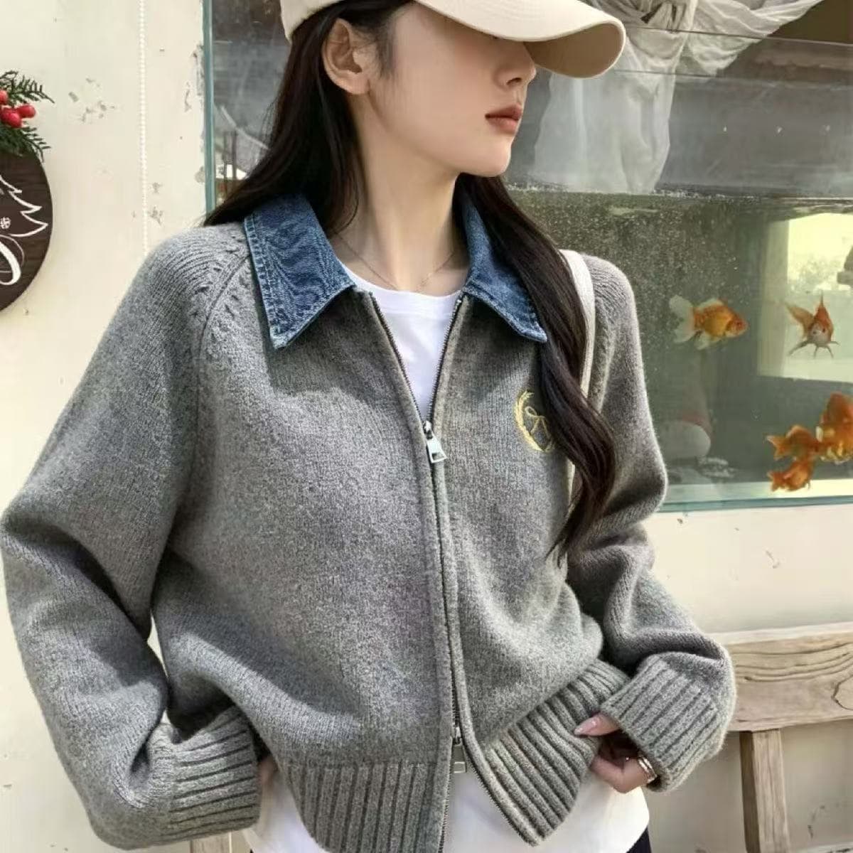 폴로 칼라 긴팔 데님 패치워크 더블 지퍼 니트 오픈 가디건 여성 가을 겨울 새로운 느긋한 바람 다용도 페이크 레이어드 스웨터 이미지 4