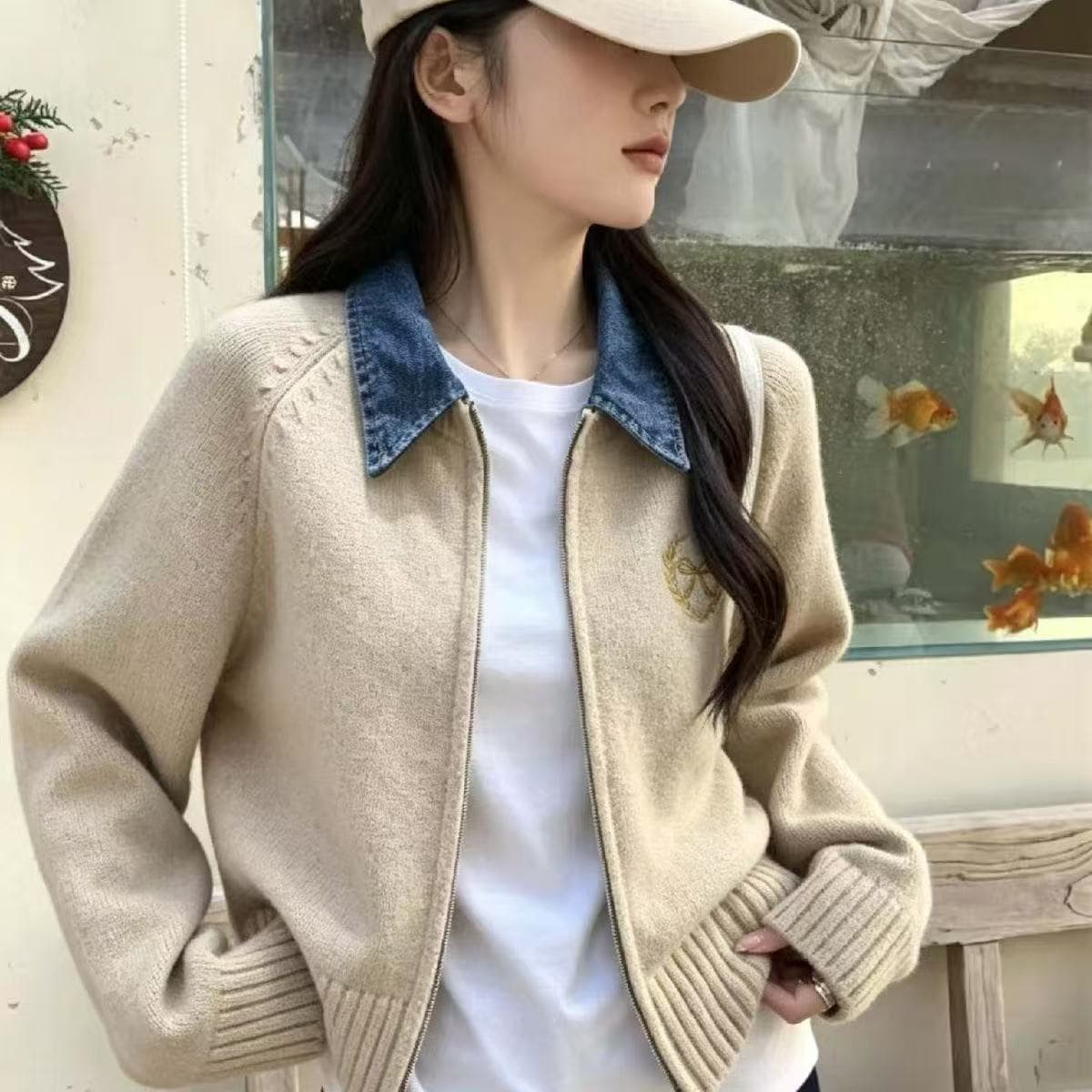 폴로 칼라 긴팔 데님 패치워크 더블 지퍼 니트 오픈 가디건 여성 가을 겨울 새로운 느긋한 바람 다용도 페이크 레이어드 스웨터 상세 이미지 2
