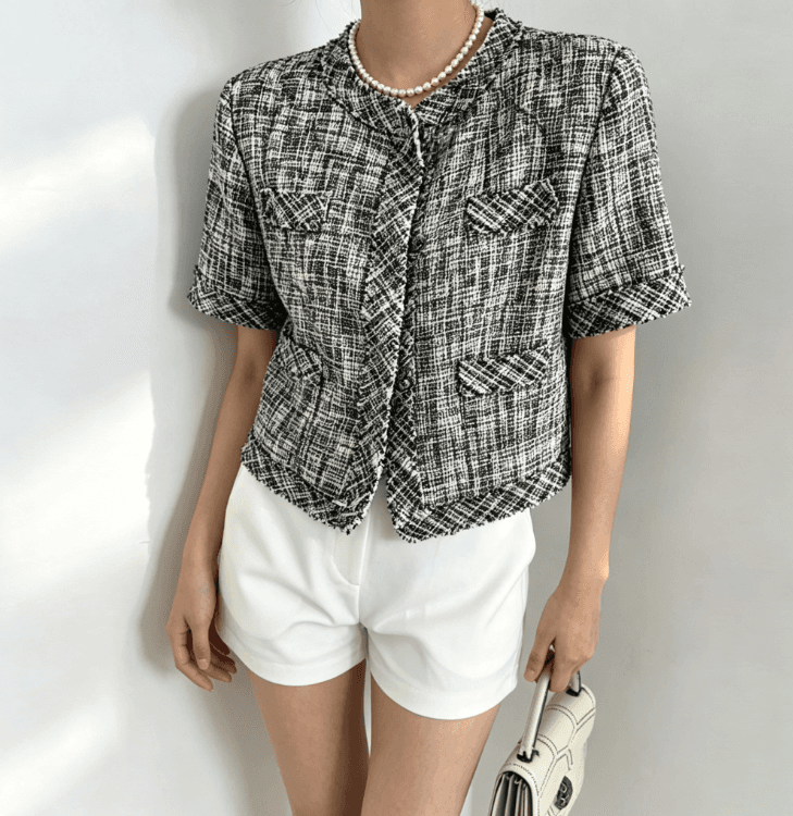 실사 chic 한국 디자인 센스 혼합 색상 모직물 쇼트 스타일 작은 열림 셔츠 재킷 여성 상세 이미지 5