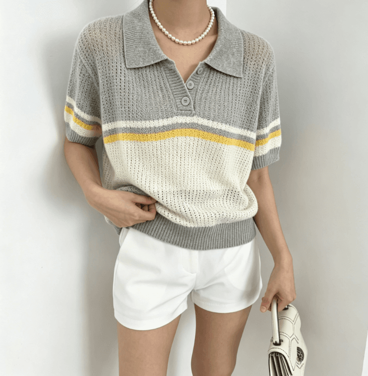 실사 한국 동대문 신제품 여성 폴로 칼라 부서 버클 짜임 배색 반팔 니트 스웨터 이미지 2