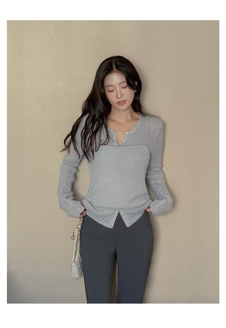 한국 chic 가을 의상 라운드 넥 단추 순수한 욕망 니트 스웨터 슬립 외부 가져 가라. 스택 착용 디자인 센스 투피스 슈트 여성 상세 이미지 12