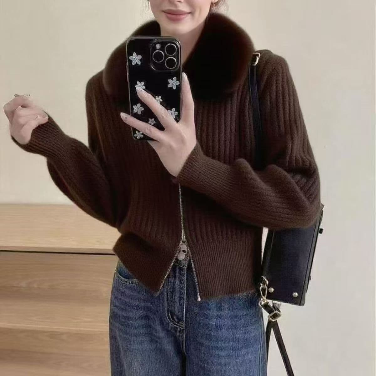 한국 스타일 26 년 가을 겨울 새로운 모피 칼라 지퍼 긴팔 쇼트 스타일 니트 오픈 가디건 이미지 4