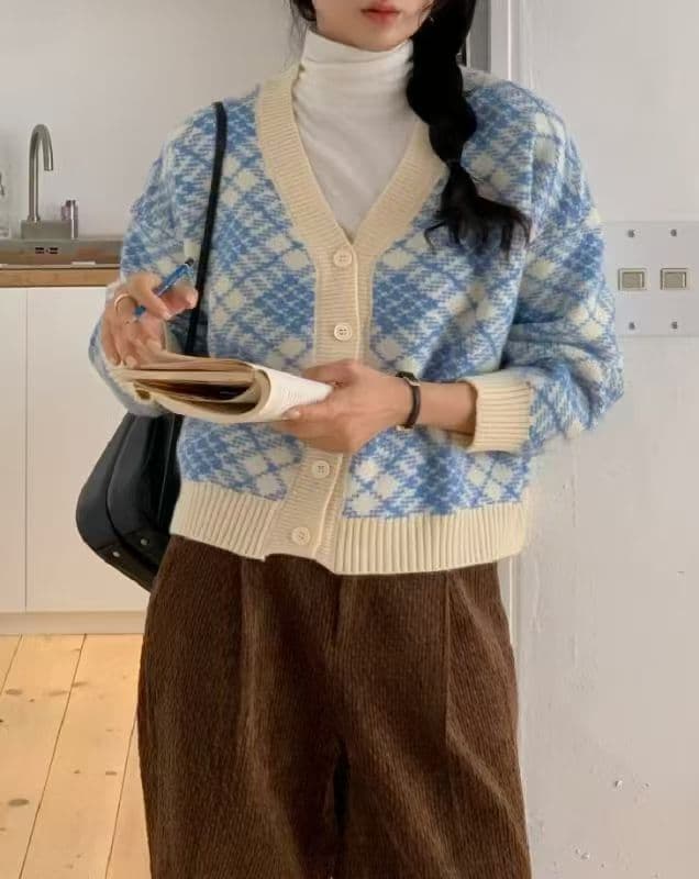 체크무늬 양모 니트 오픈 가디건 얇은 스타일 모헤어 V넥 여성 의류 재킷 겨울 이미지 2
