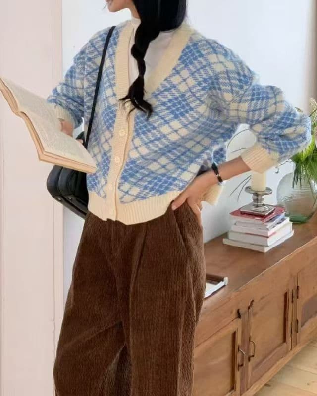체크무늬 양모 니트 오픈 가디건 얇은 스타일 모헤어 V넥 여성 의류 재킷 겨울 이미지 3