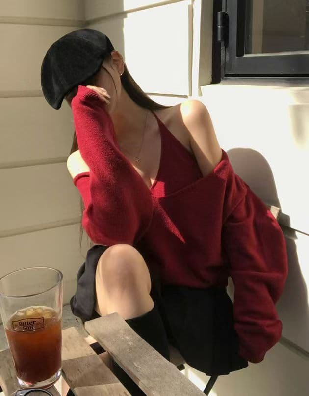 디자인 센스 스웨터 여자 V넥 풀오버 가을 겨울철 새로운 루즈핏 느긋한 바람 니트 스웨터 맨위 슬립 투피스 세트 상세 이미지 16