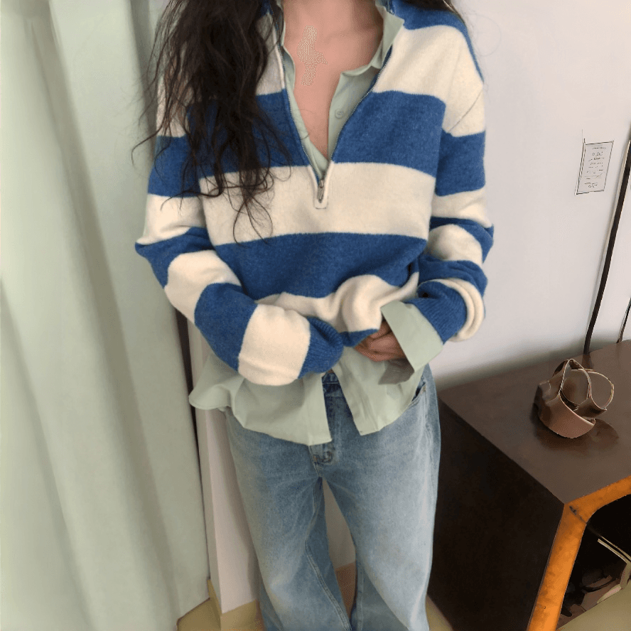 한 부서 새로운 느슨함 센스 와이드 스트라이프 반 개방 지퍼 니트 스웨터 부드러운 찹쌀 두꺼운 스탠드 칼라 배색 스웨터 여자 이미지 3