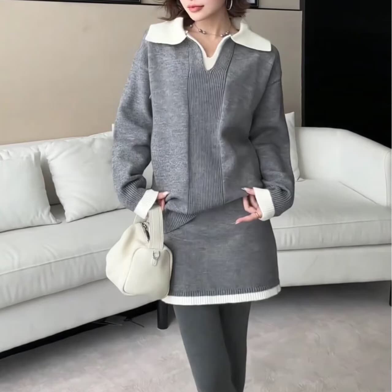한 부서 26 년 패치워크 색상 제인 조정 캐주얼 미니멀리즘 V넥 배색 폴로 칼라 스웨터 미니 스커트 세트