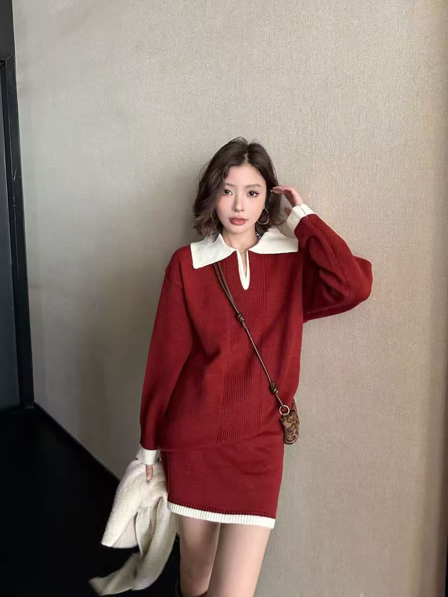 한 부서 26 년 패치워크 색상 제인 조정 캐주얼 미니멀리즘 V넥 배색 폴로 칼라 스웨터 미니 스커트 세트 상세 이미지 1