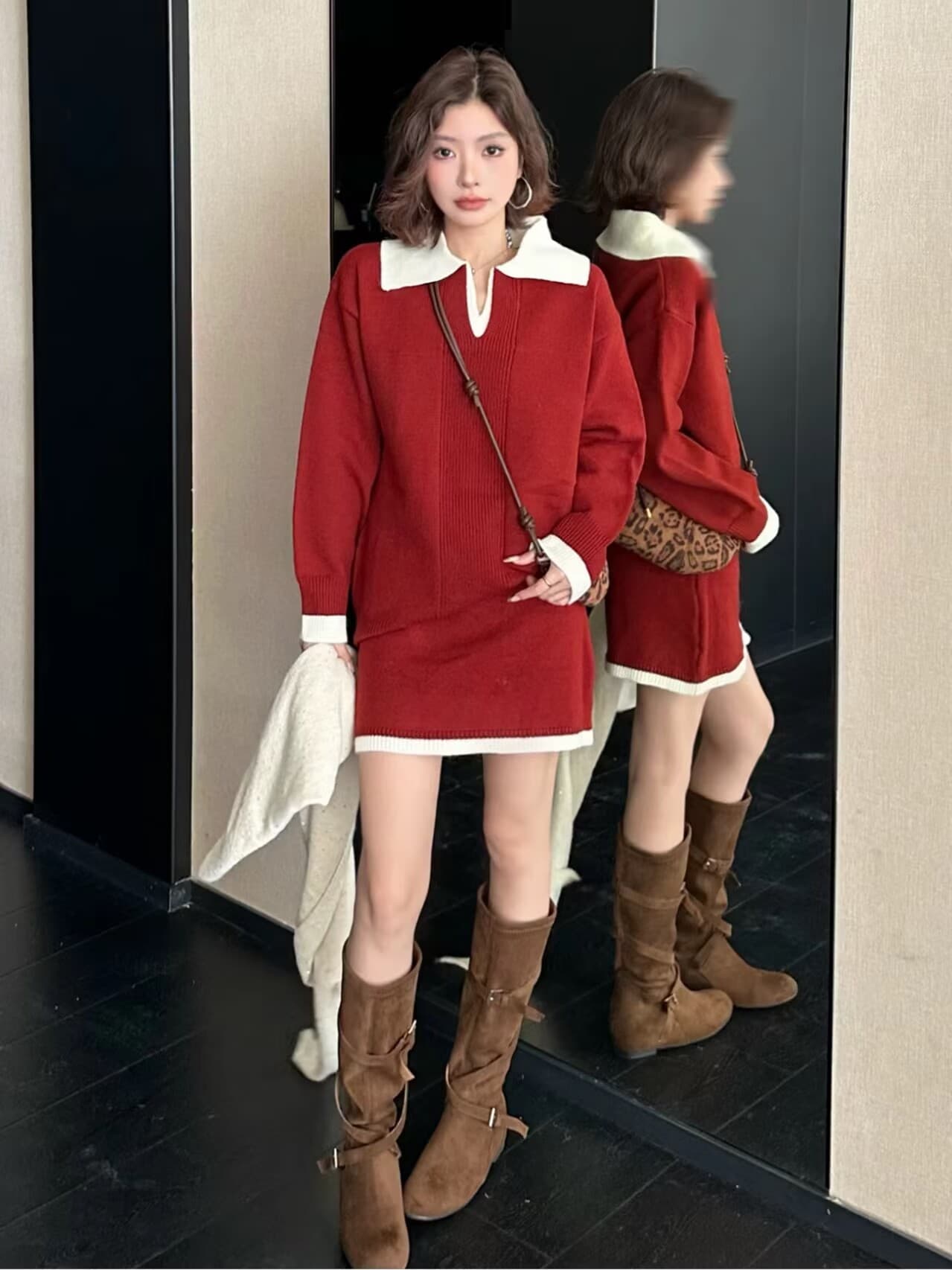 한 부서 26 년 패치워크 색상 제인 조정 캐주얼 미니멀리즘 V넥 배색 폴로 칼라 스웨터 미니 스커트 세트 상세 이미지 2