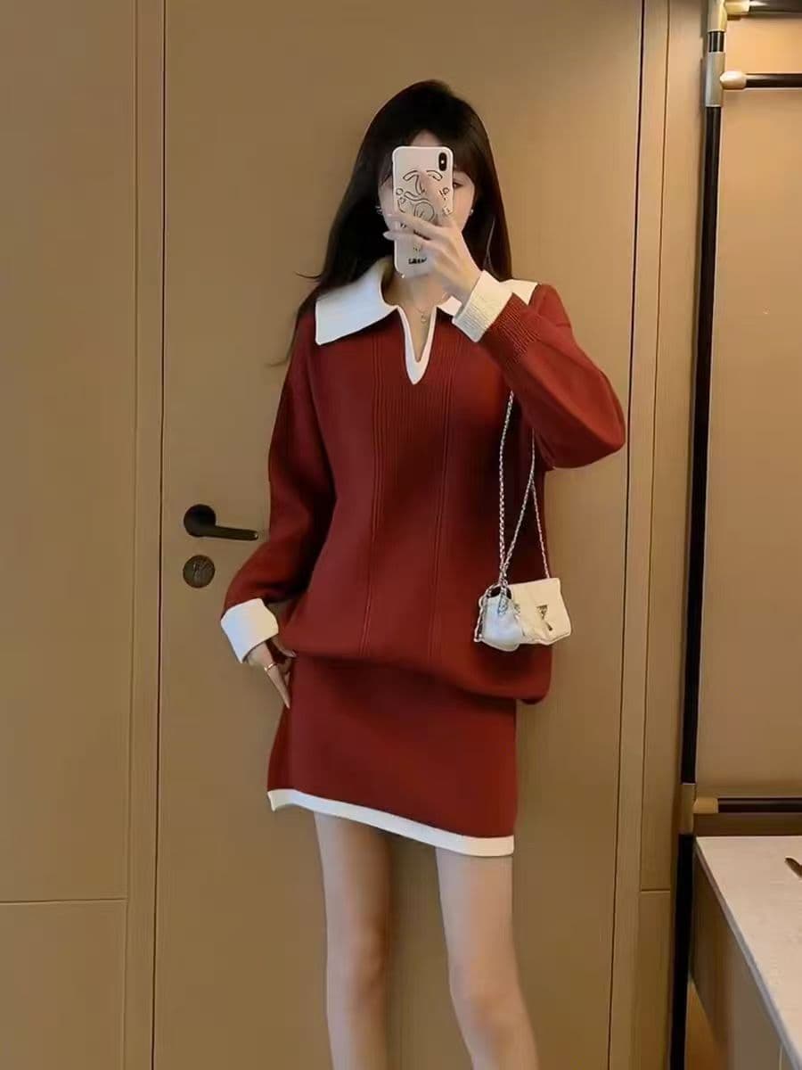 한 부서 26 년 패치워크 색상 제인 조정 캐주얼 미니멀리즘 V넥 배색 폴로 칼라 스웨터 미니 스커트 세트 상세 이미지 8